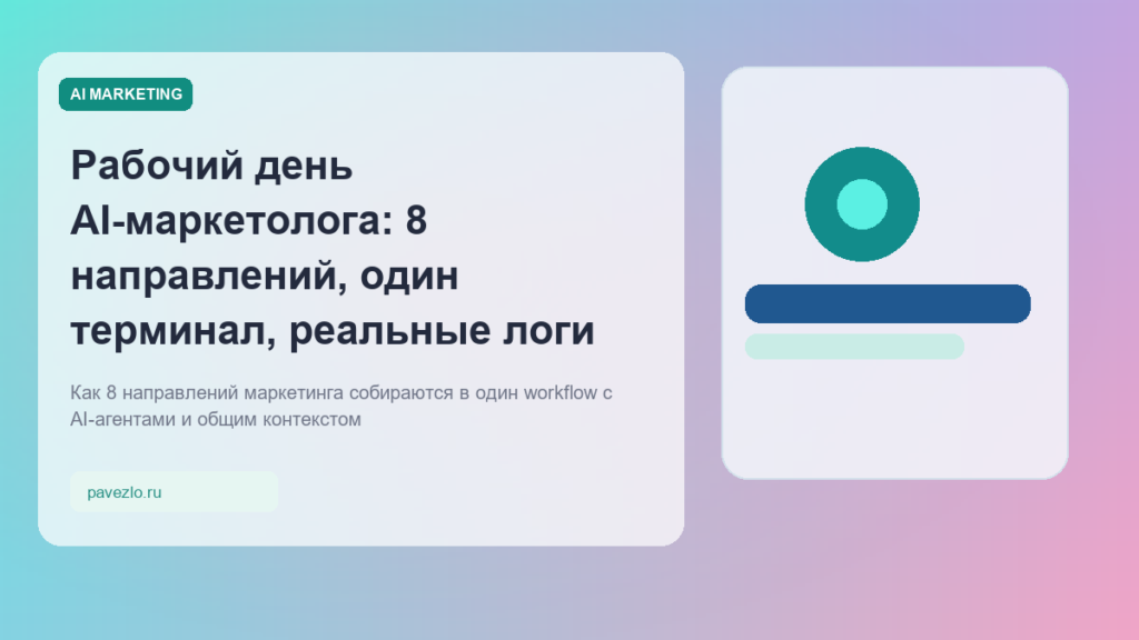Обложка статьи про рабочий день AI-маркетолога и единый маркетинговый workflow