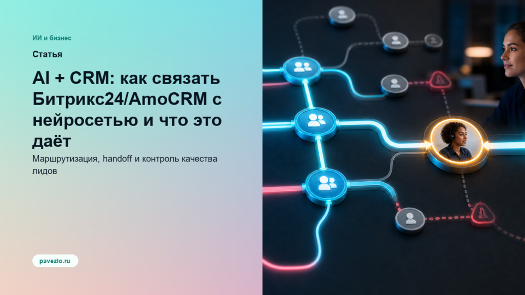 Обложка статьи: AI + CRM: как связать Битрикс24/AmoCRM с нейросетью и что это даёт